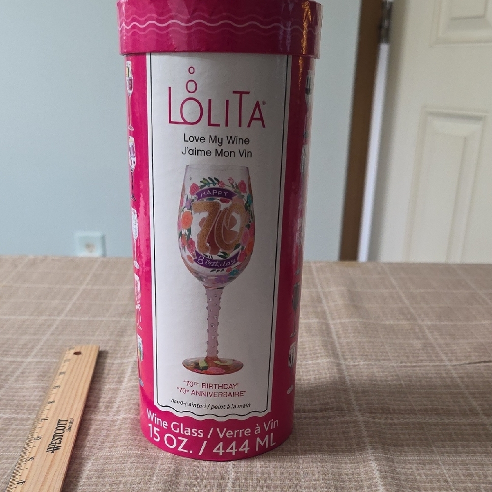 Lolita Happy 70th Birthday Wine Glass - Gold and Pink Accents - Picture 9 of 12
